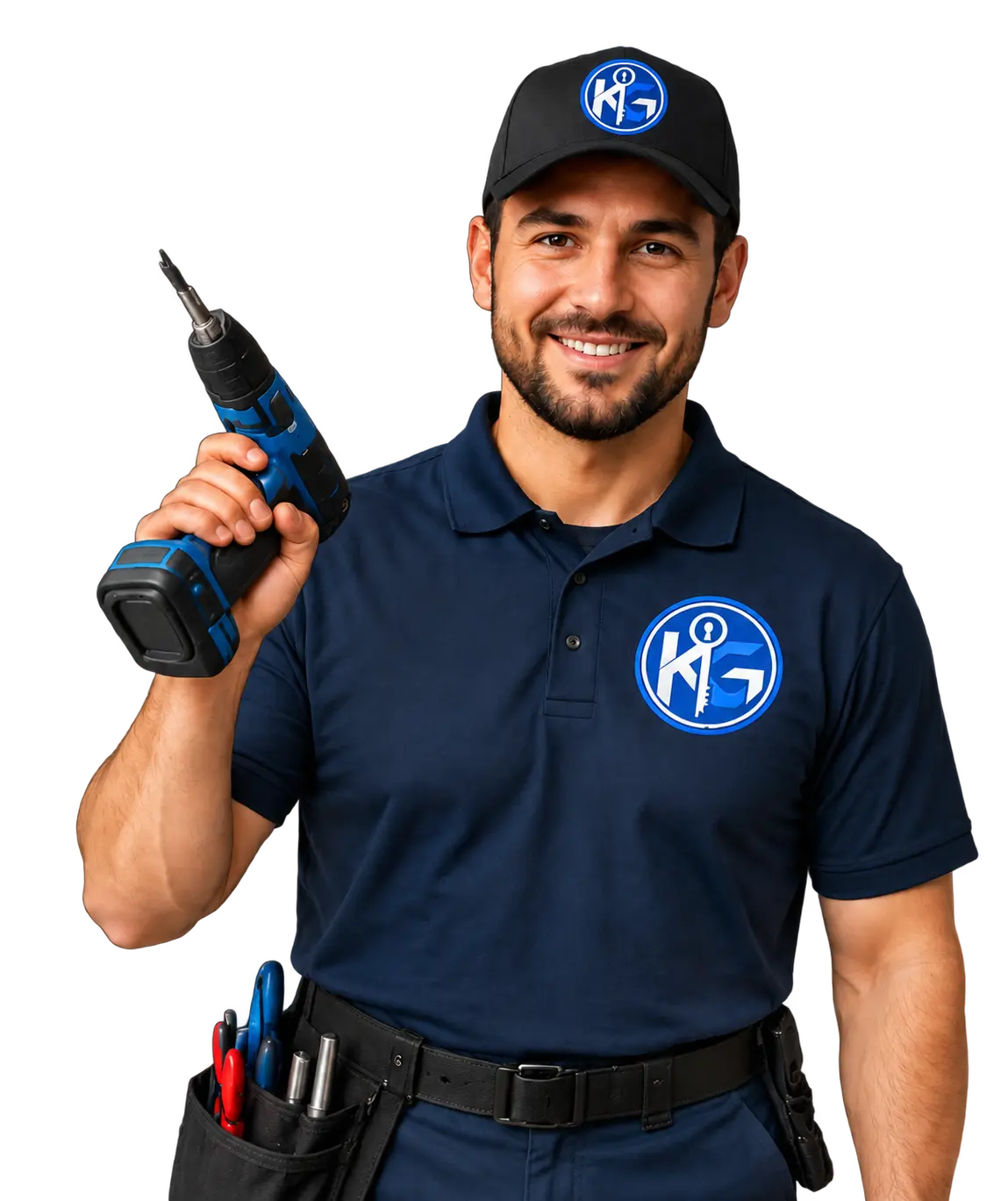 KG Locksmith technician wearing branded uniform and holding locksmith tools for residential and commercial locksmith services