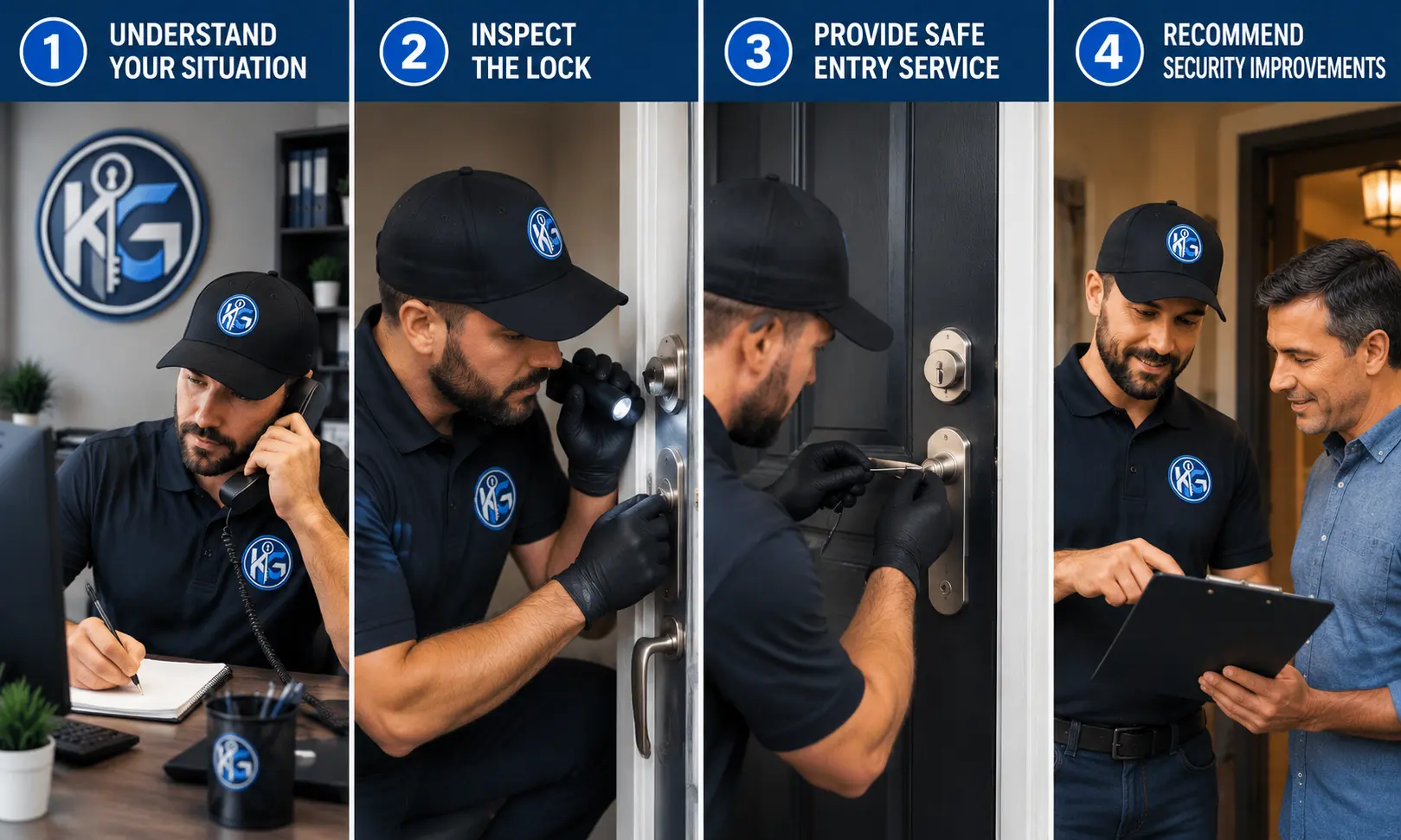 Four-step residential lockout service process showing KG Locksmith technician handling customer assistance, lock inspection, safe entry, and security recommendations