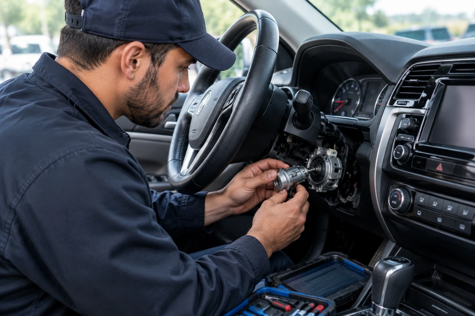 Mobile locksmith repairing a car ignition in Metro Detroit