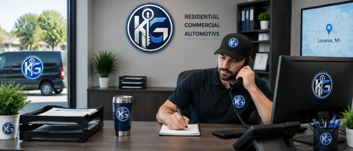 KG Locksmith technician handling a residential lockout service request in Livonia MI office